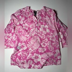 Lauren Ralph Lauren Petite M Pink white Tropical Hibiscus Cotton Tunic Blouse